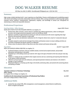 A turquoise-accented dog walker resume with the applicant's resume summary, two job titles, education, and additional skills