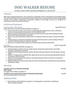 A turquoise-accented dog walker resume with the applicant's resume summary, two job titles, education, and additional skills