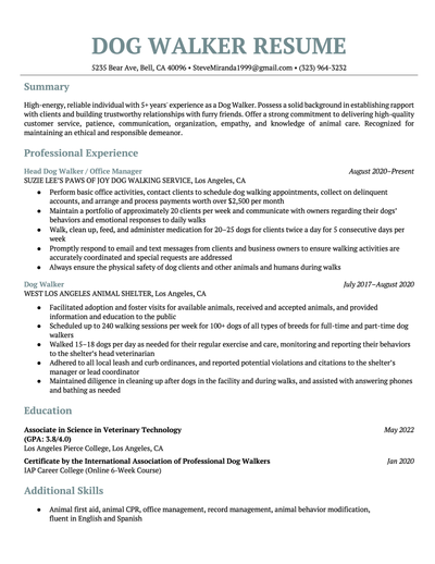 A turquoise-accented dog walker resume with the applicant's resume summary, two job titles, education, and additional skills