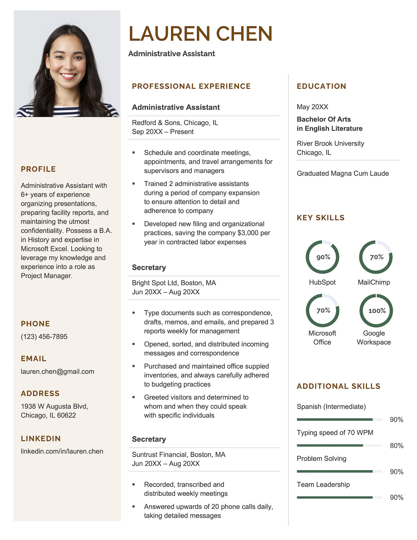 A visual resume example with donut charts.