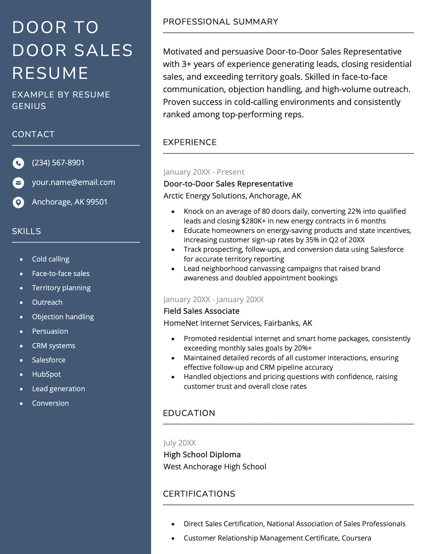 A door-to-door sales resume example.