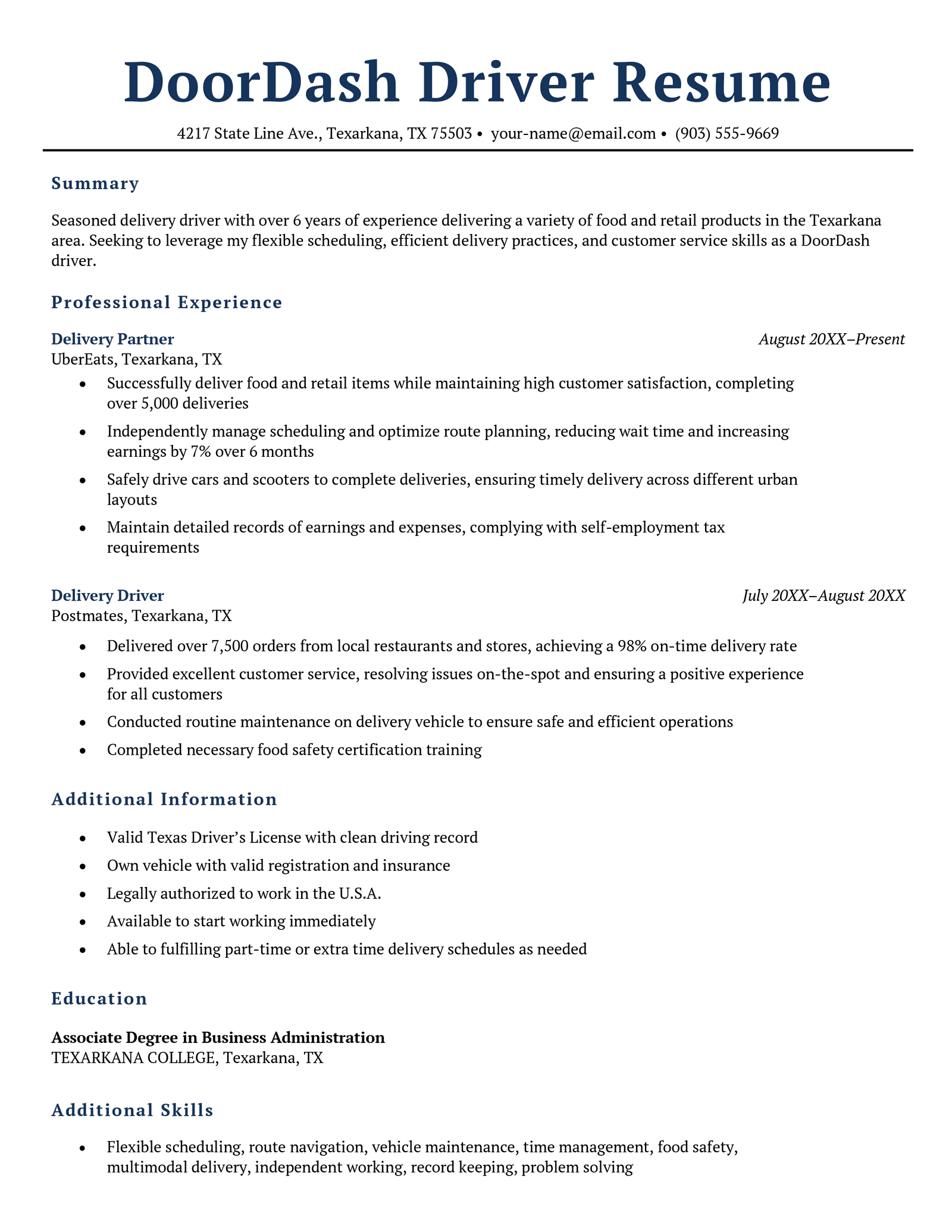 A DoorDash driver resume example that uses a blue color scheme and features a visually-pleasing amount of white space.