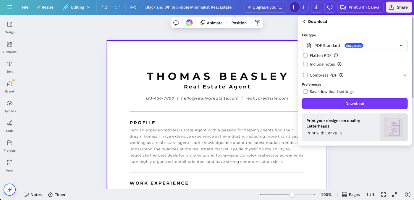 A screenshot showing how to download a Canva resume template as a PDF.