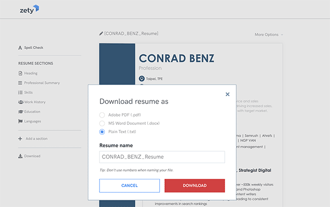 A screenshot demonstrating how to download a Zety resume for free.