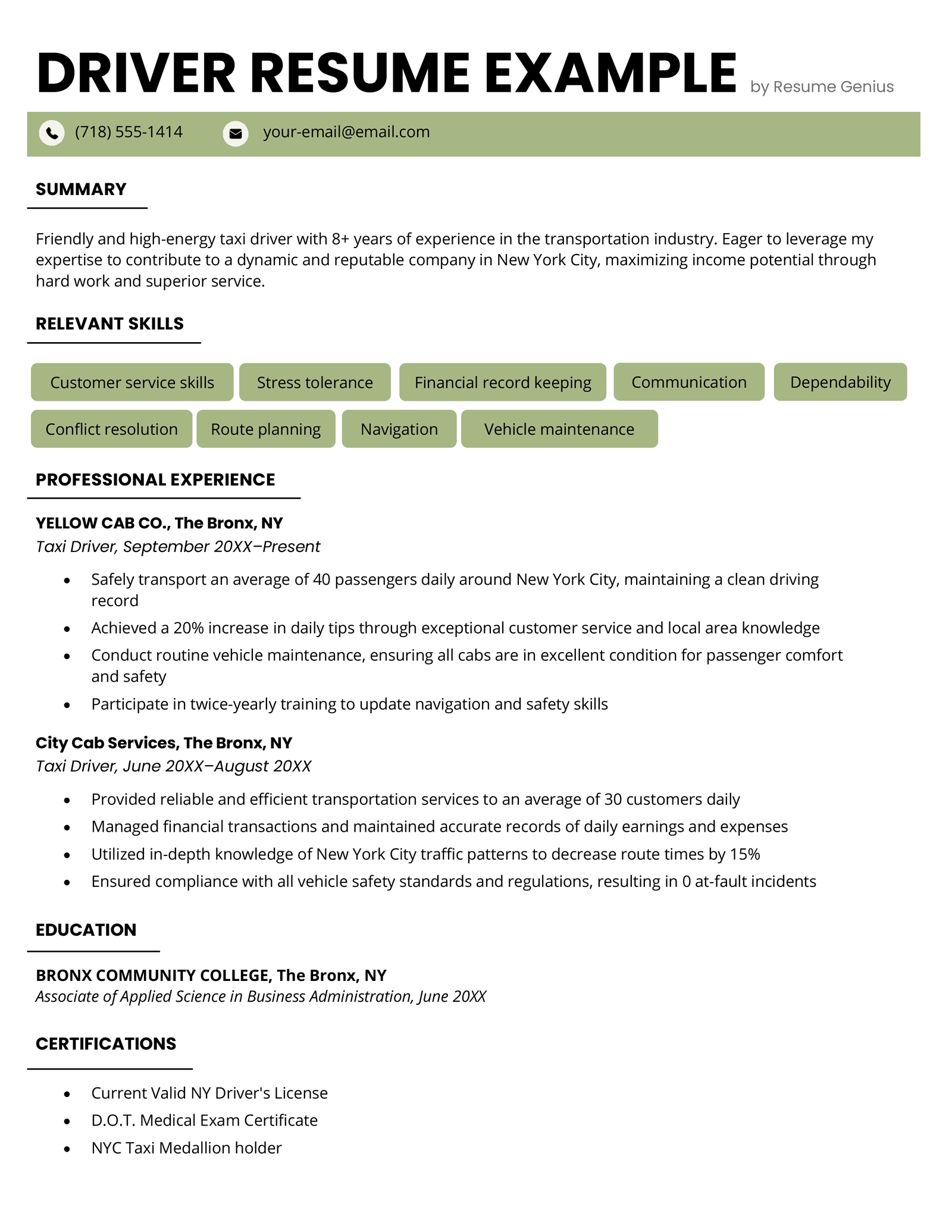 A taxi driver resume in a green color scheme for a taxi driver who has worked in The Bronx for several years.