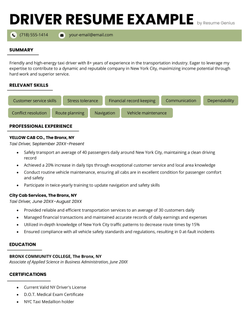 A taxi driver resume in a green color scheme for a taxi driver who has worked in The Bronx for several years.