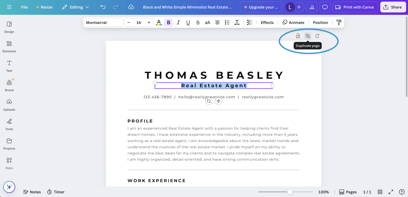 A screenshot showing how to duplicate a page on a Canva resume template.
