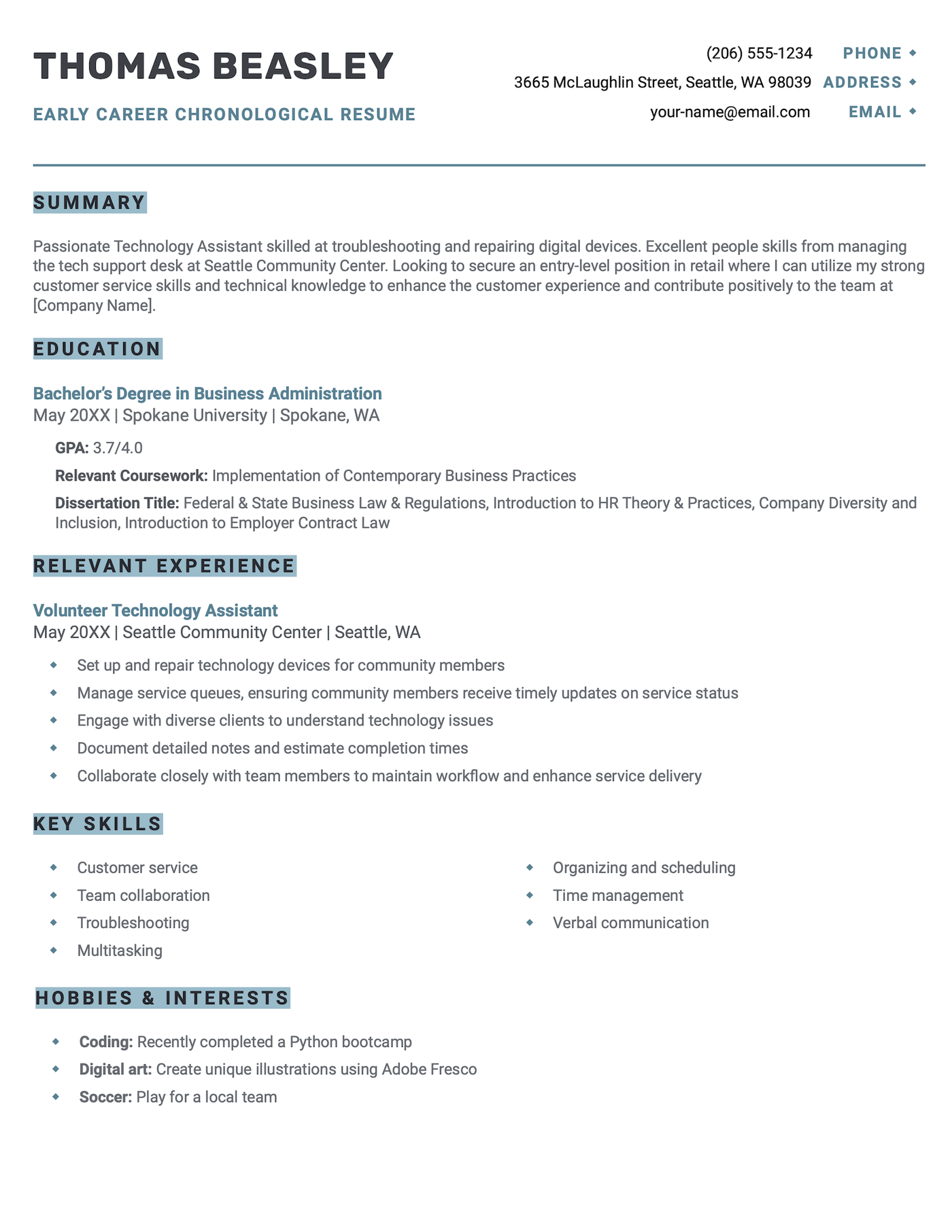 A chronological resume template designed for recent graduates and entry-level professionals.