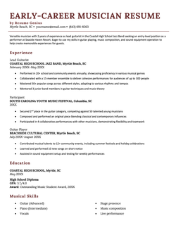 An entry-level musician resume using a template with red headers.