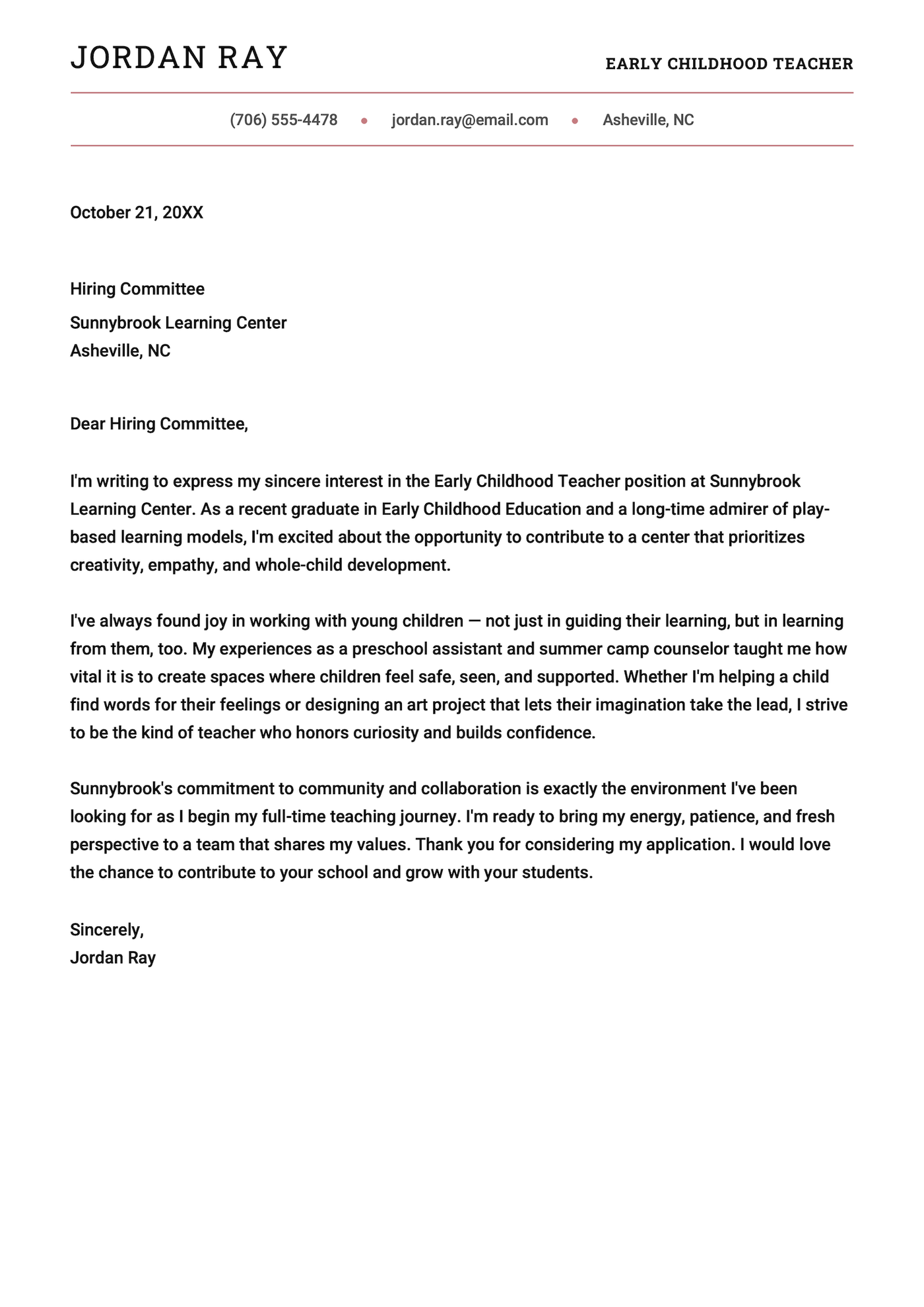 An early childhood teacher cover letter example.