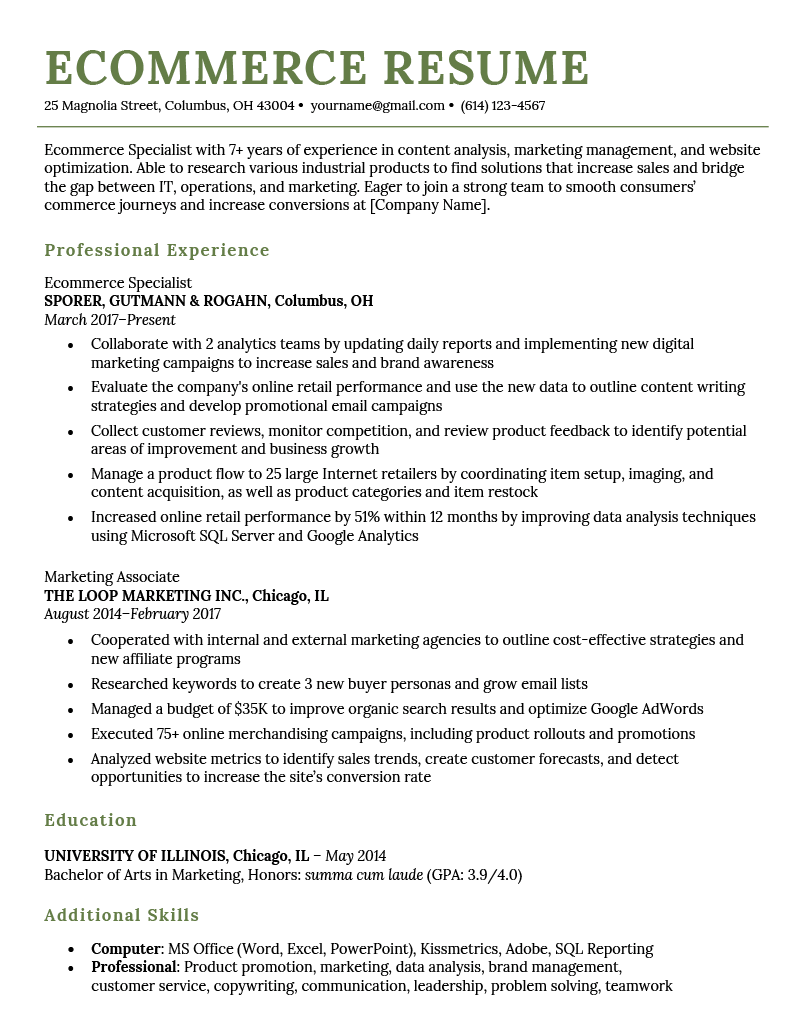 An ecommerce resume example with green header text and sections for the applicant's resume summary, professional experience, education details, and additional skills