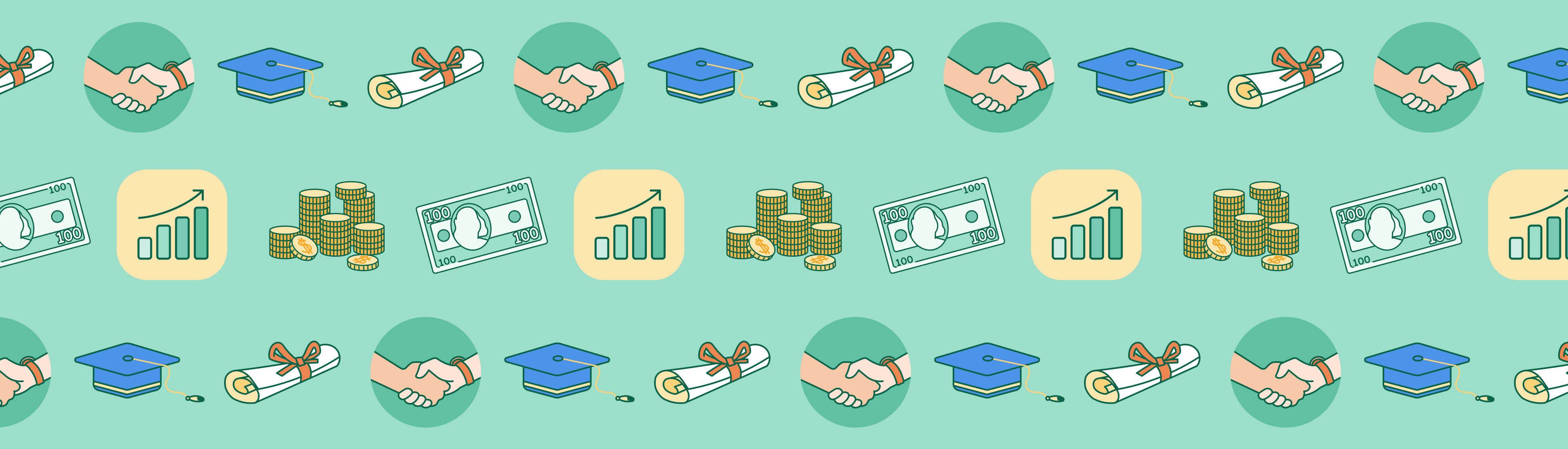 A graduation cap, two shaking hands, dollar bills, and a diploma to represent the Resume Genius Education and Earnings Report