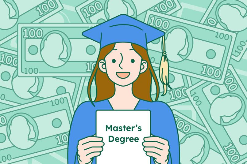 A master's degree graduate holding her diploma with dollar bills in the background