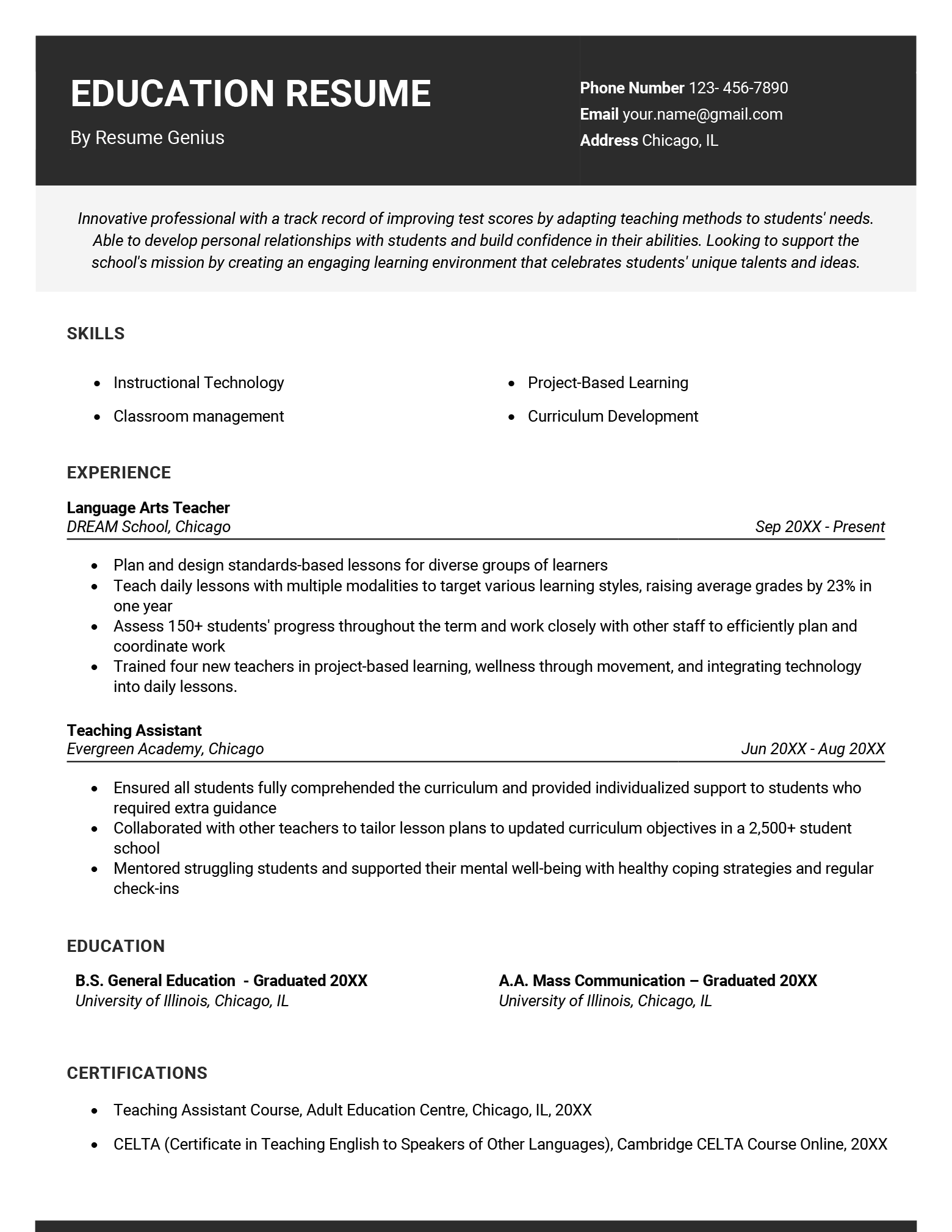 An example of a resume for an educational role