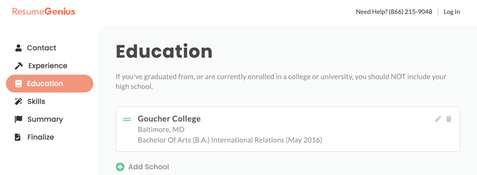 A screenshot from the Resume Genius resume generator previewing the education section