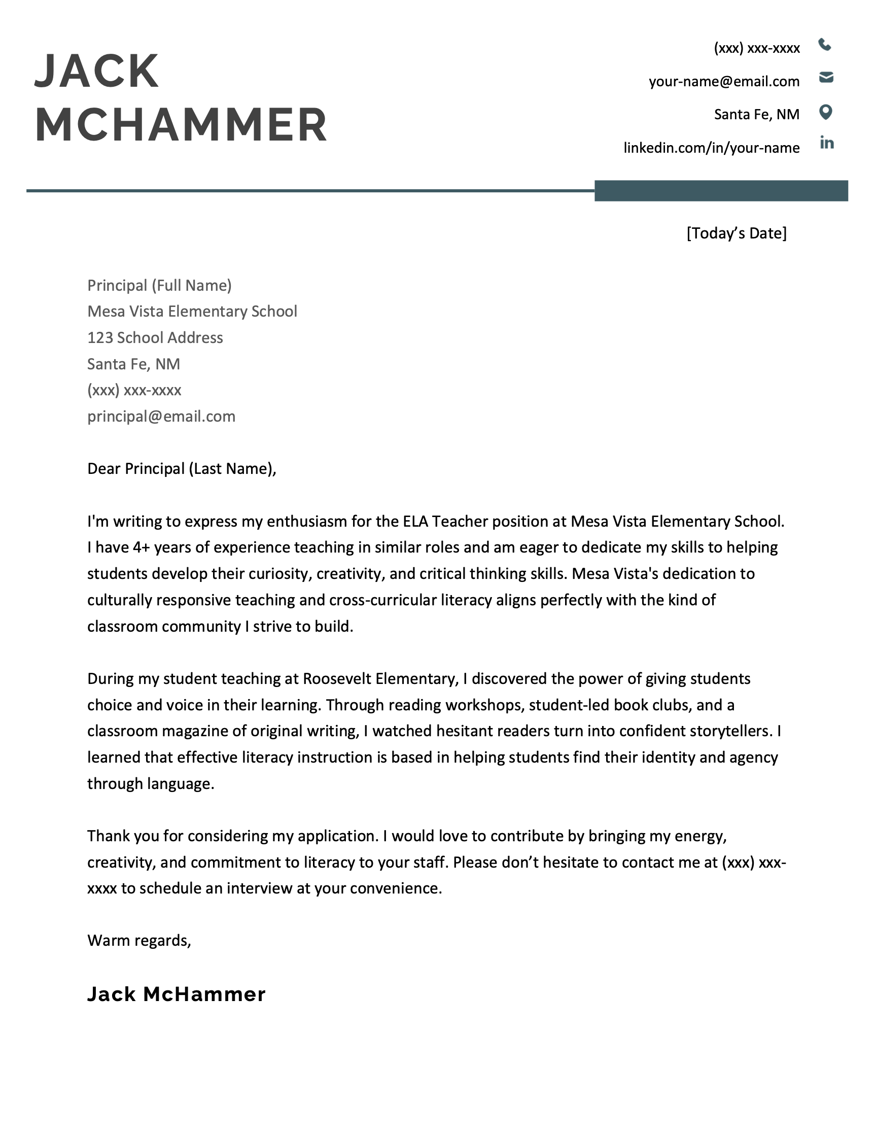 An elementary teacher cover letter for an ELA teacher job.