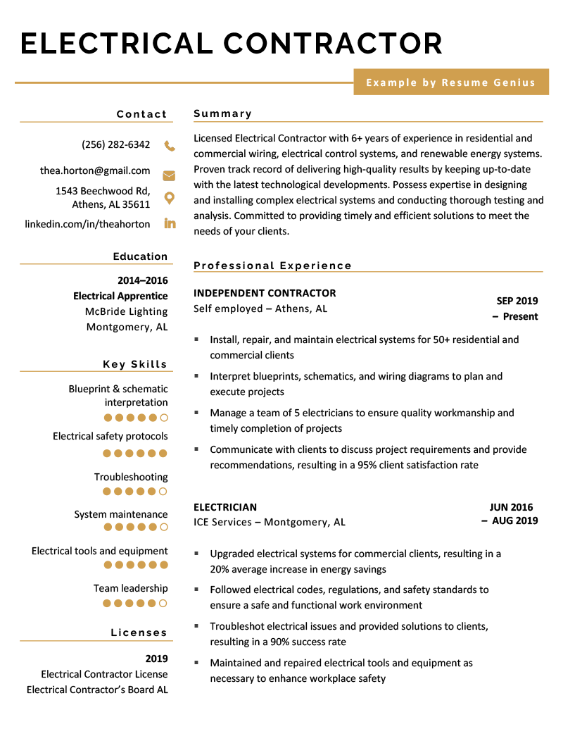 An electrical contractor resume example using a template with yellow highlights and skill bars