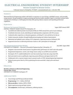 An electrical engineering student internship resume sample.
