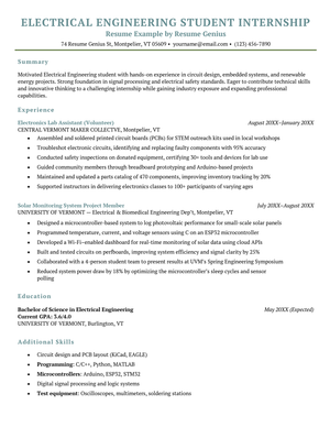 An electrical engineering student internship resume sample.