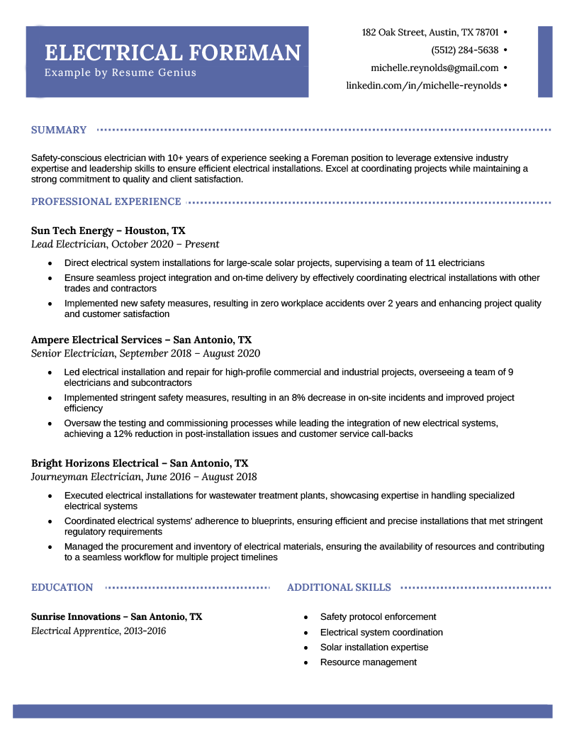 An electrical foreman resume example on a template with a blue header.
