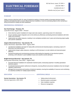An electrical foreman resume example on a template with a blue header.