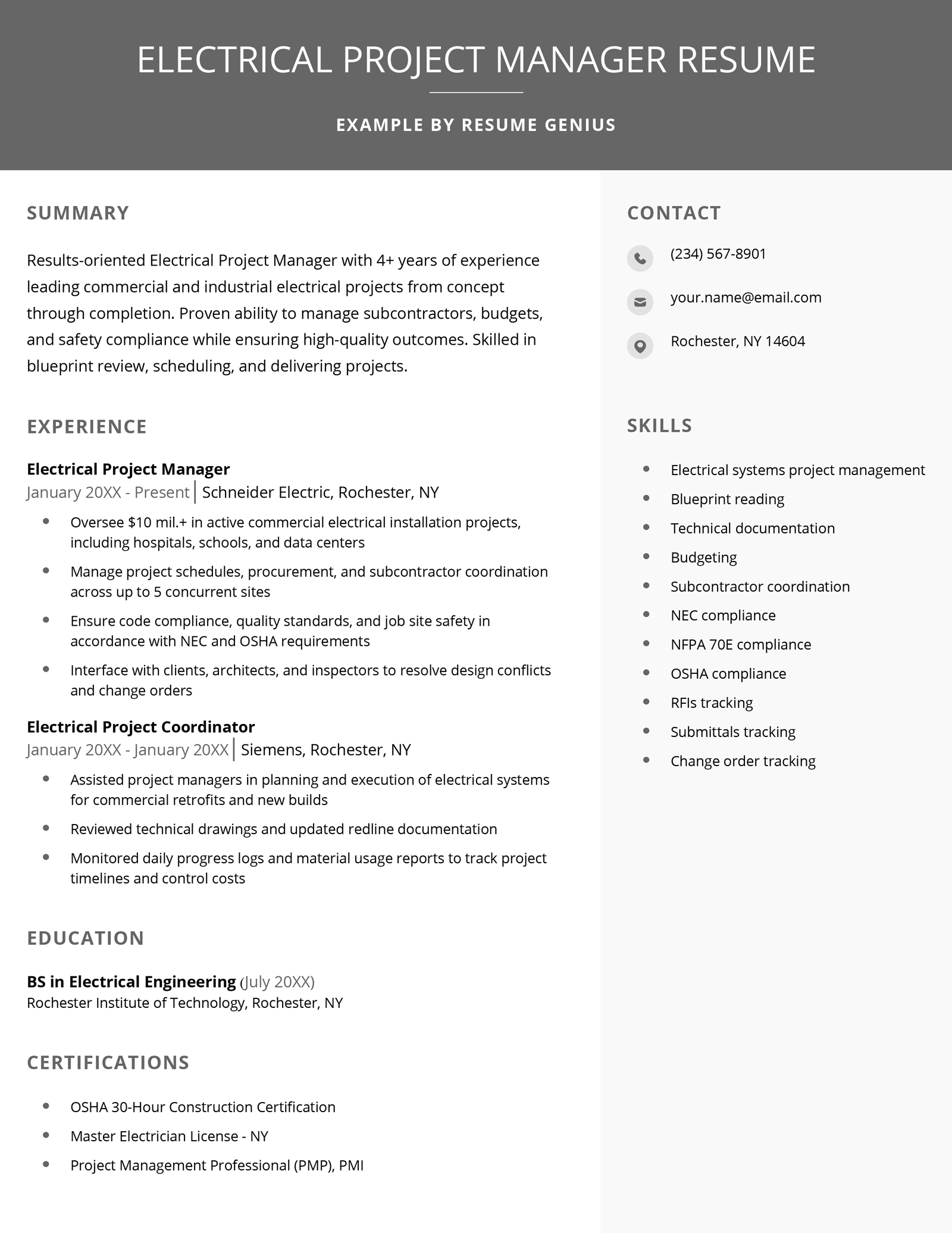 An electrical project manager resume example.