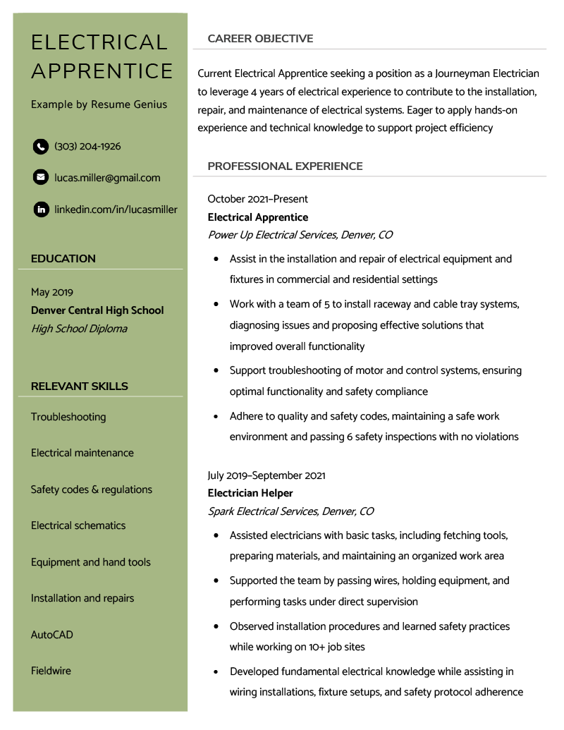 An electrician apprentice resume example on two-column resume template where the left column is green.