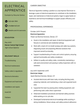 An electrician apprentice resume example on two-column resume template where the left column is green.