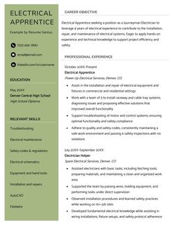 An electrician apprentice resume example on two-column resume template where the left column is green.