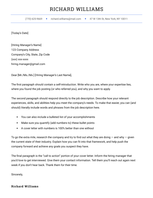 The Elegant cover letter template in blue, with a centered header and simple contact information section.
