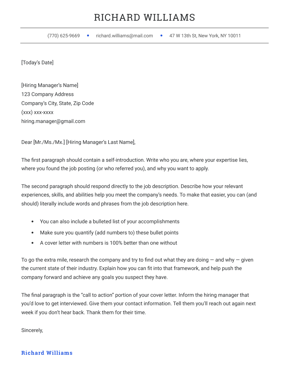 Elegant cover letter template in blue, featuring a simple and formal design.