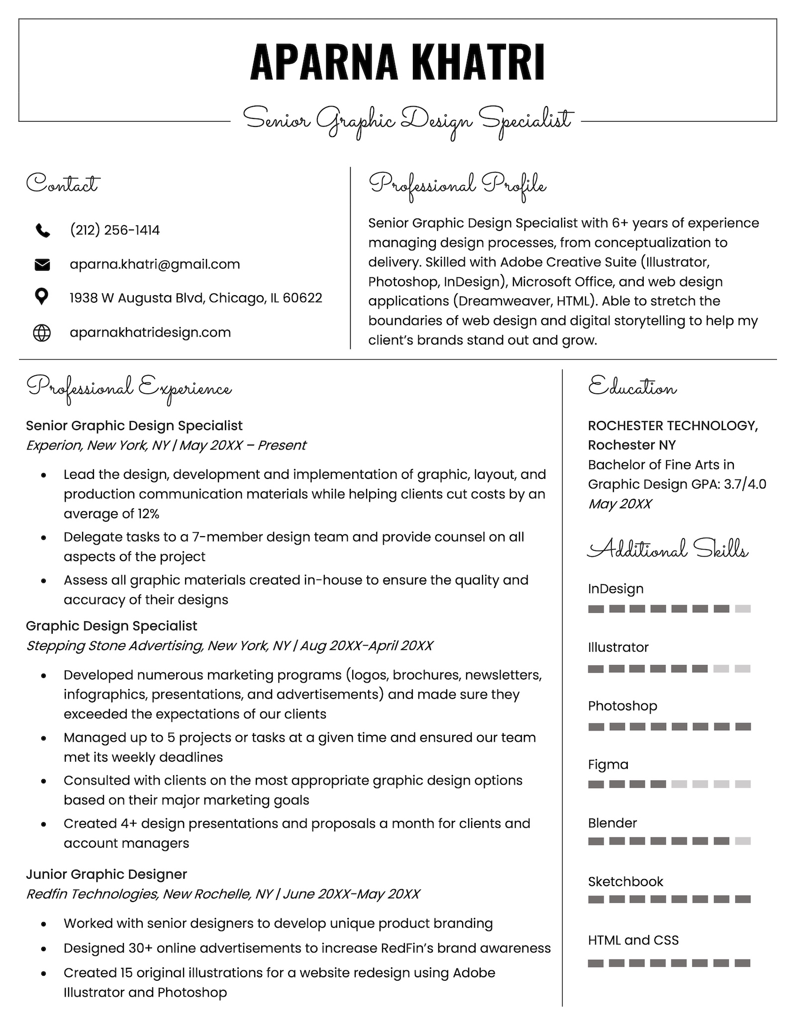 A visual resume example with elegant handwriting-style typography.