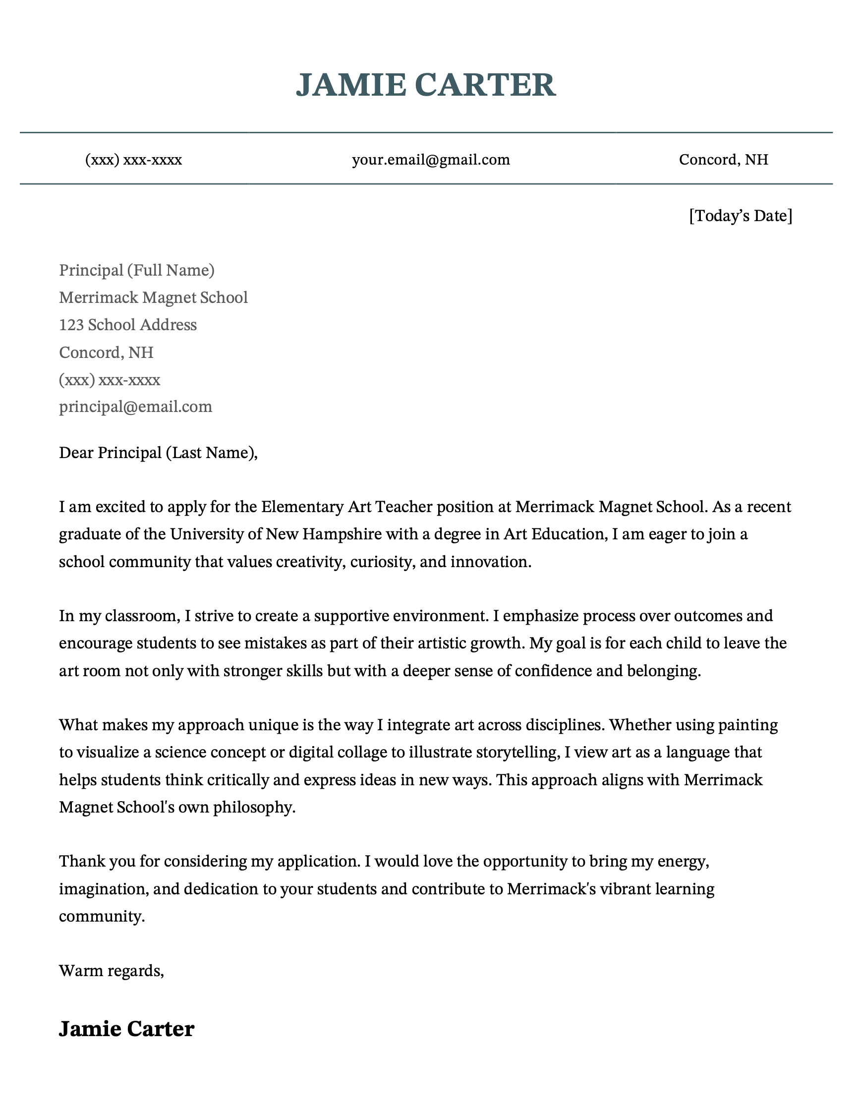 An elementary teacher cover letter for an elementary art teacher job.