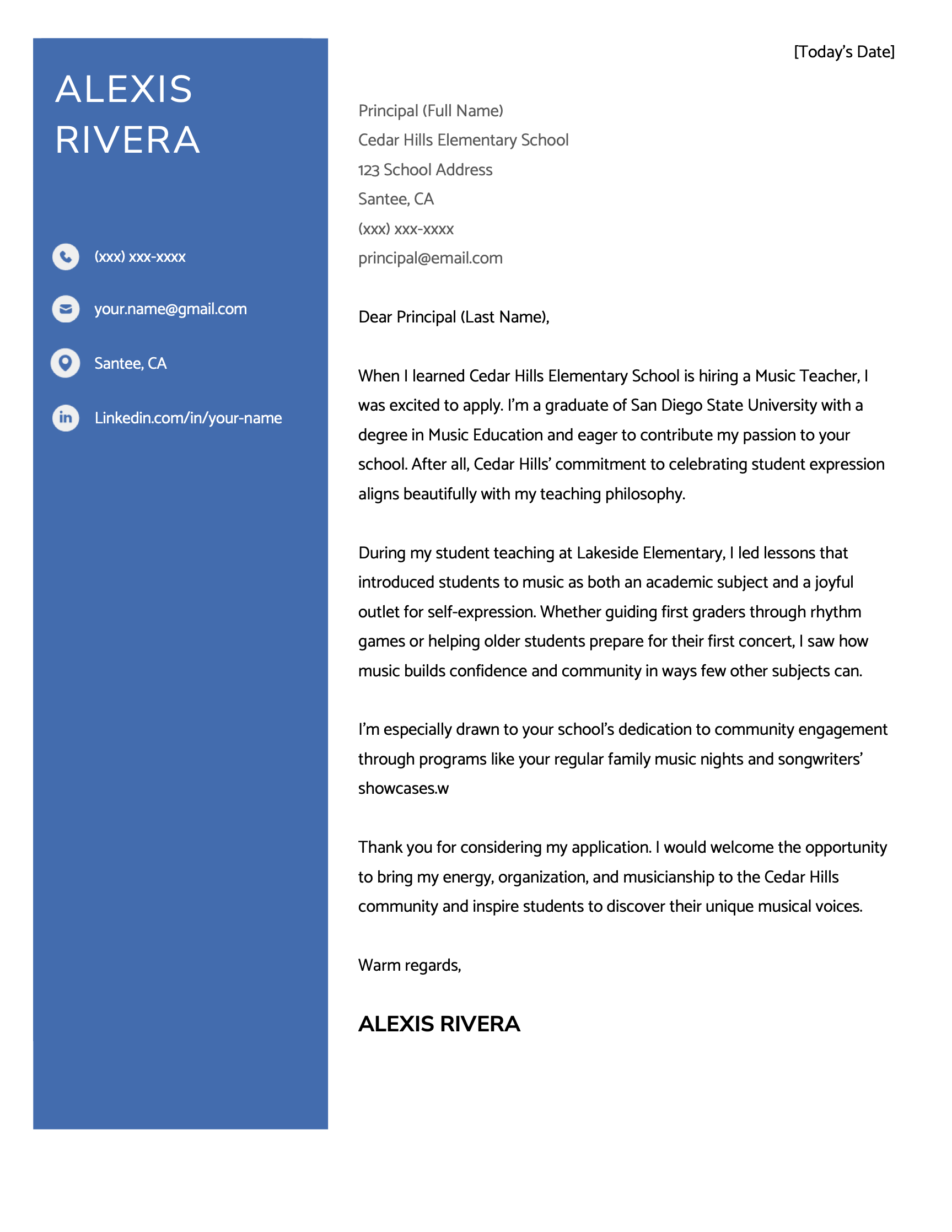 An elementary teacher cover letter for a music teacher job.