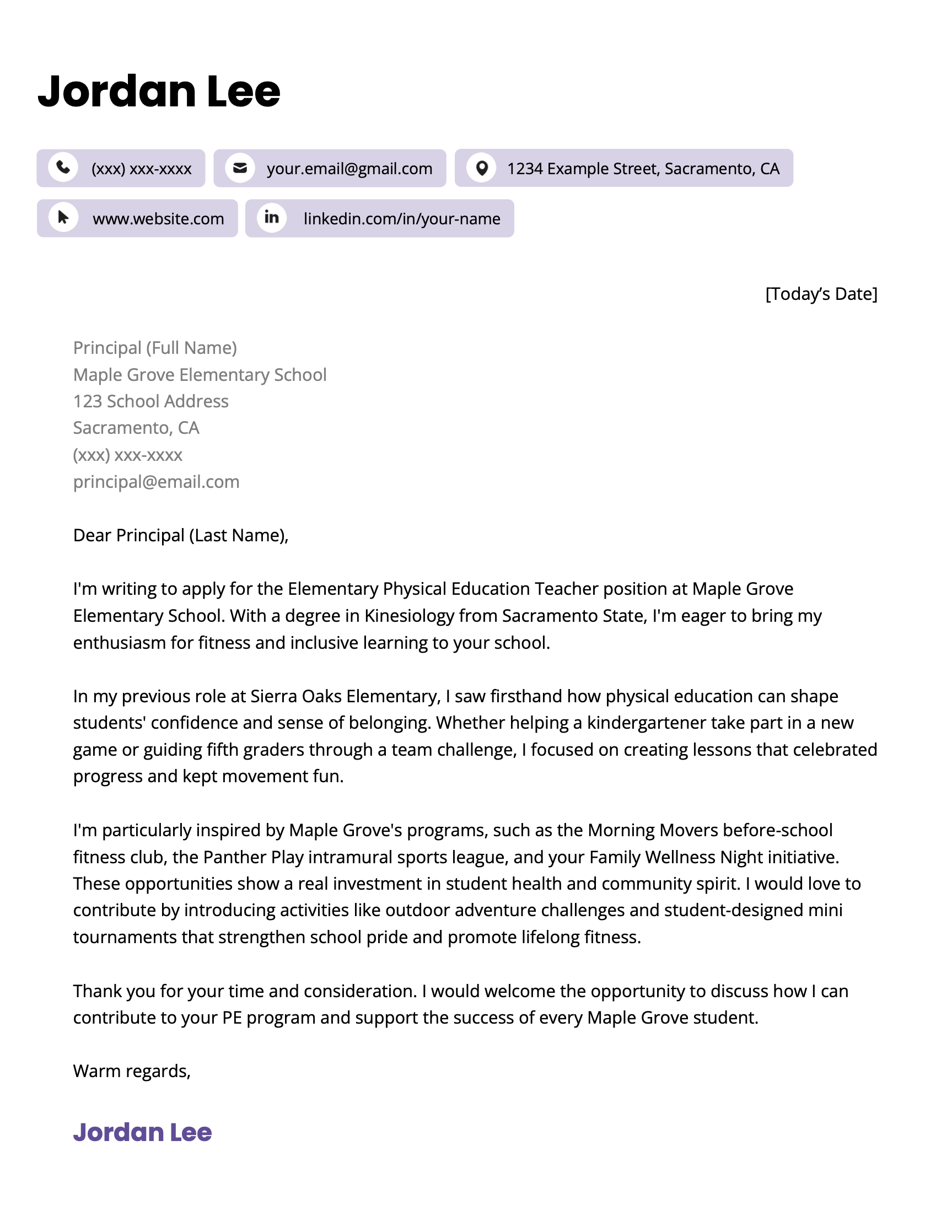 An elementary teacher cover letter for an elementary physical education teacher job.