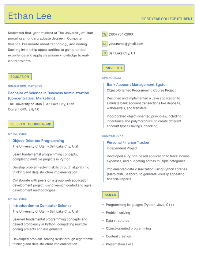 The Elementary student resume template in yellow.