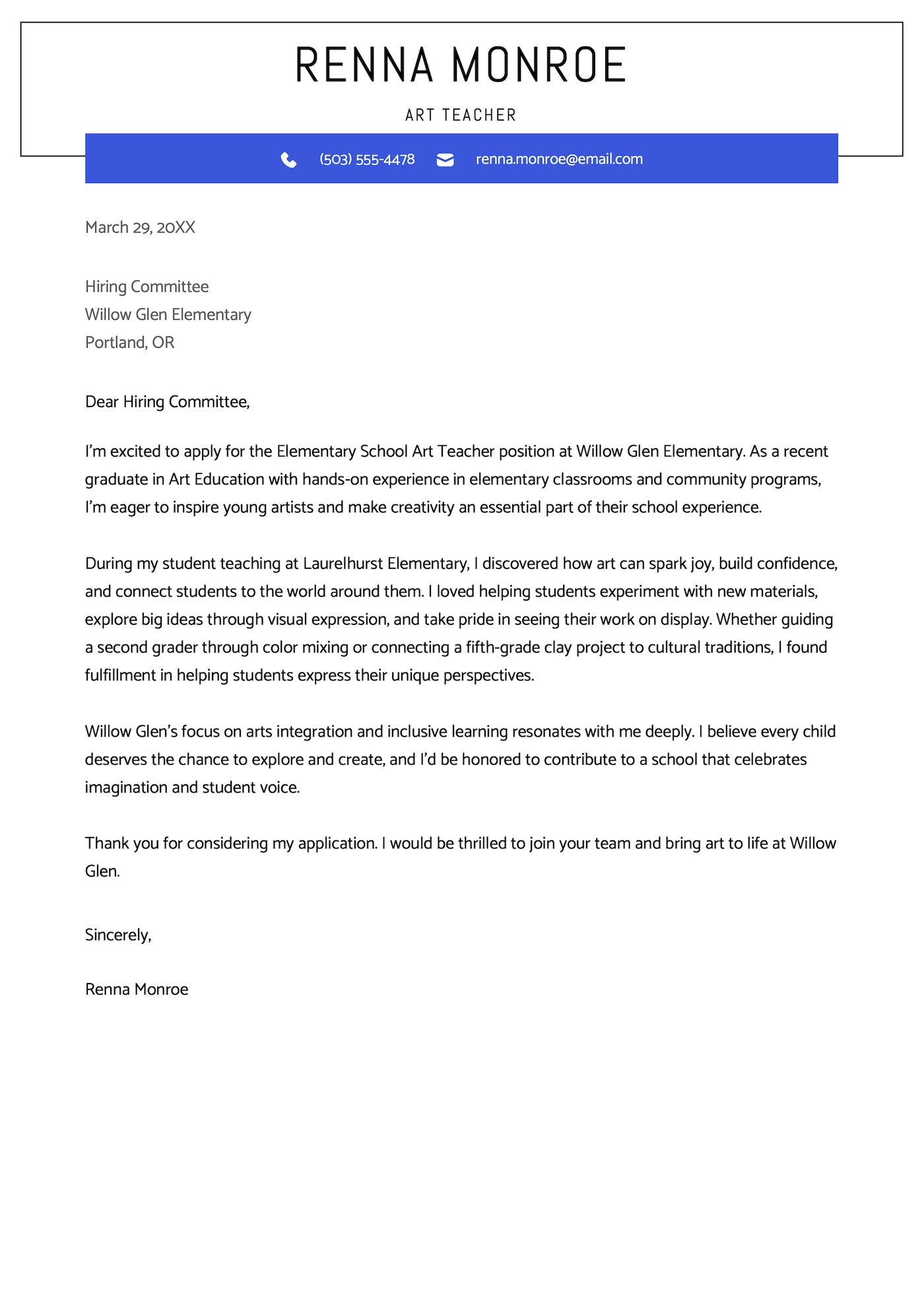 An elementary school art teacher cover letter example.