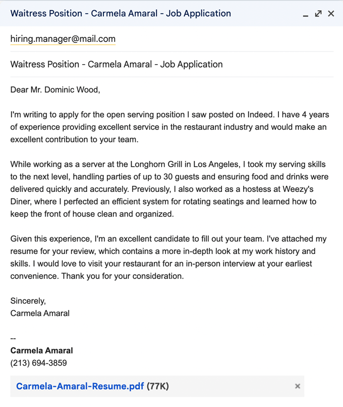 An example of an email cover letter with an appropriate subject line and the candidate's resume attached