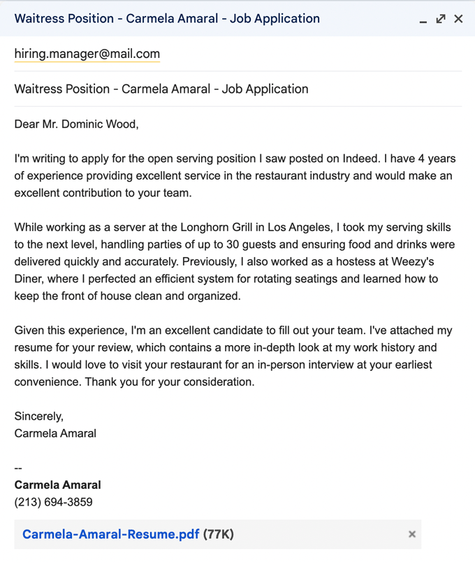 Email Cover Letter For Job Application