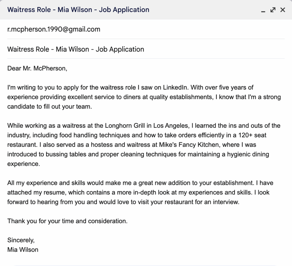 An email cover letter with proper spacing and formatting