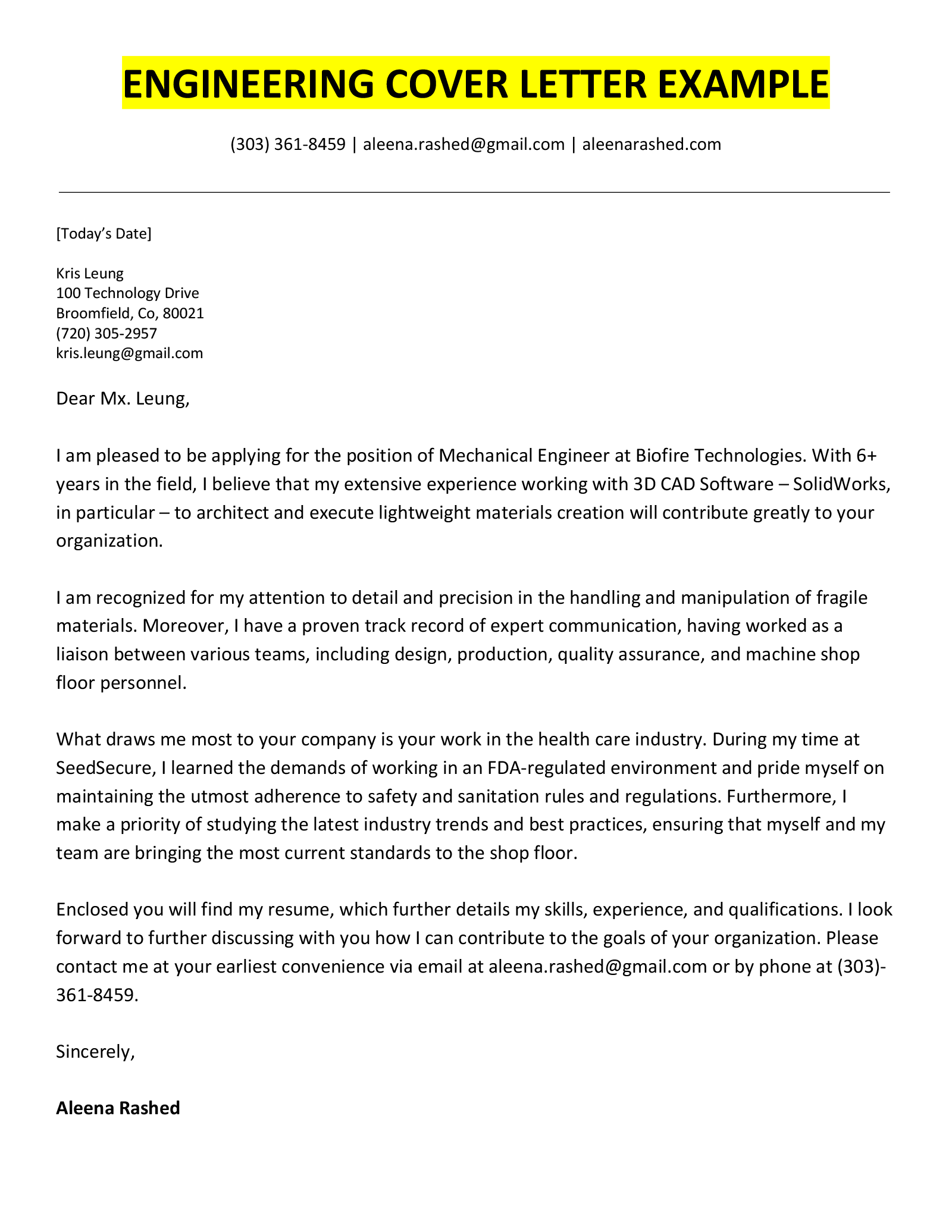 An example of an engineering cover letter
