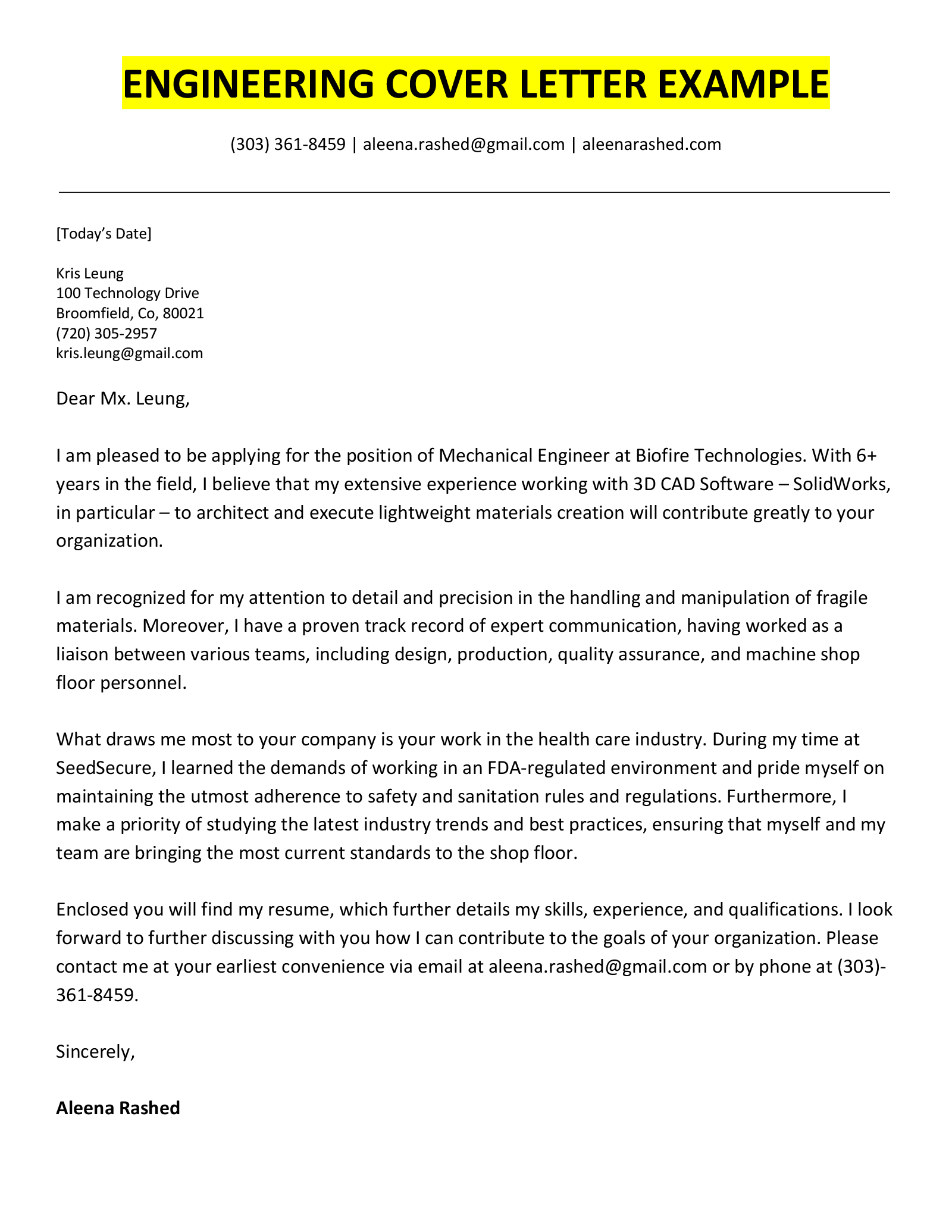 cover letter of engineering student