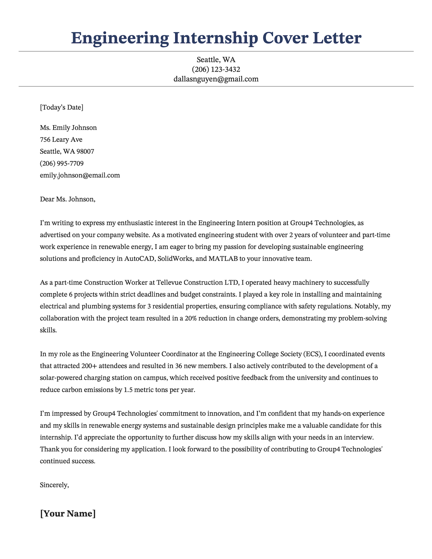 An example cover letter for an engineering internship.