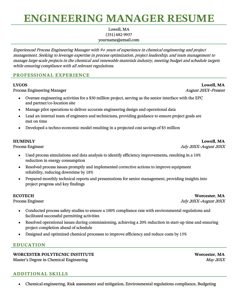 An engineering manager resume using a template with a simple layout and green section headings and header.