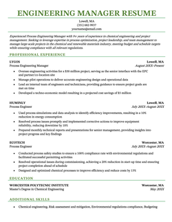 An engineering manager resume using a template with a simple layout and green section headings and header.