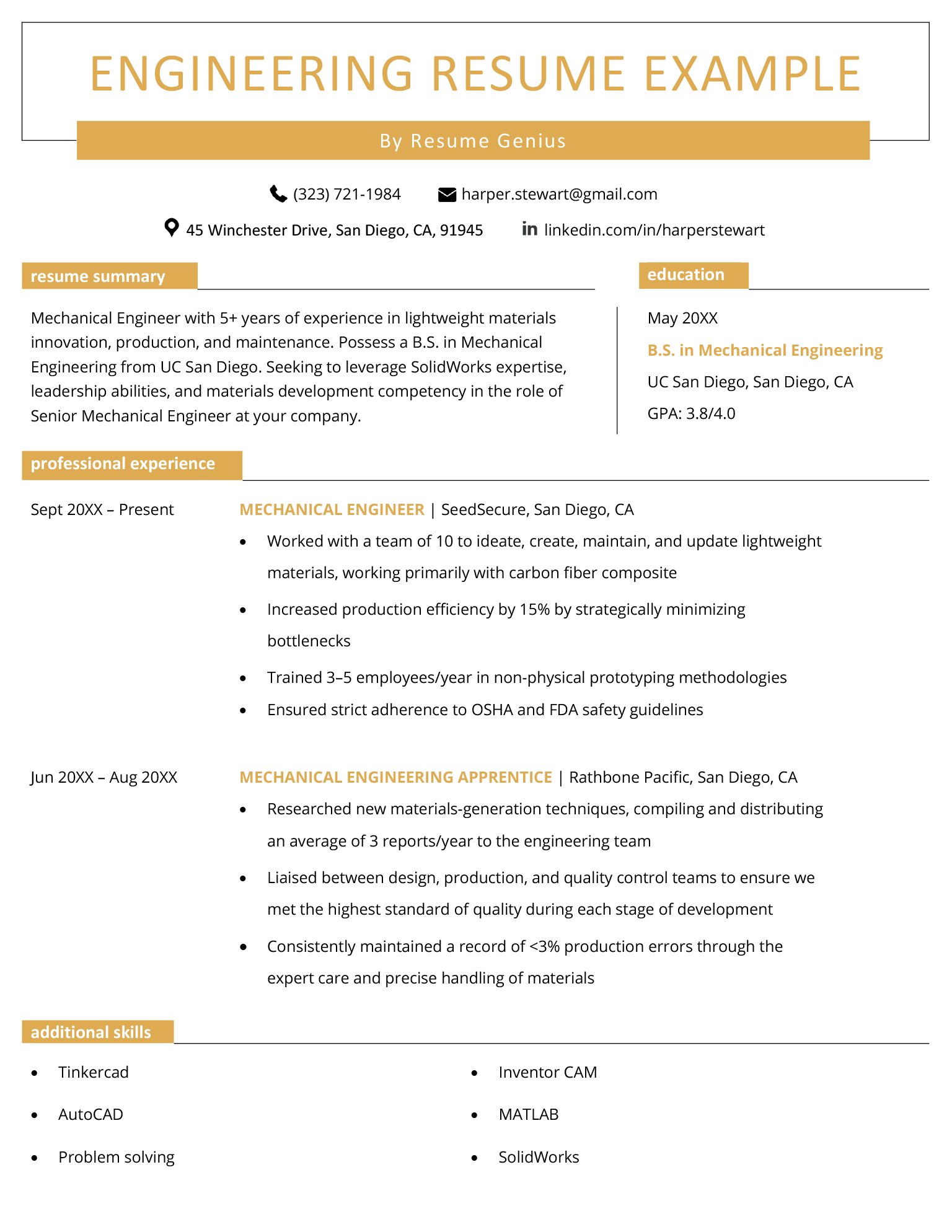 Engineering resume example featuring a unique, yellow resume design