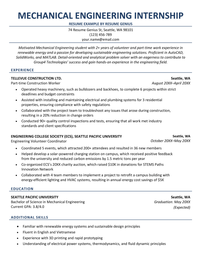 An resume for an engineering internship example on a template with a dark blue header to accentuate the applicant's name, followed by other dark blue headers to label the applicant's professional experience, education, and additional skills sections