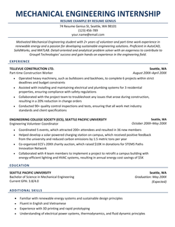 An resume for an engineering internship example on a template with a dark blue header to accentuate the applicant's name, followed by other dark blue headers to label the applicant's professional experience, education, and additional skills sections