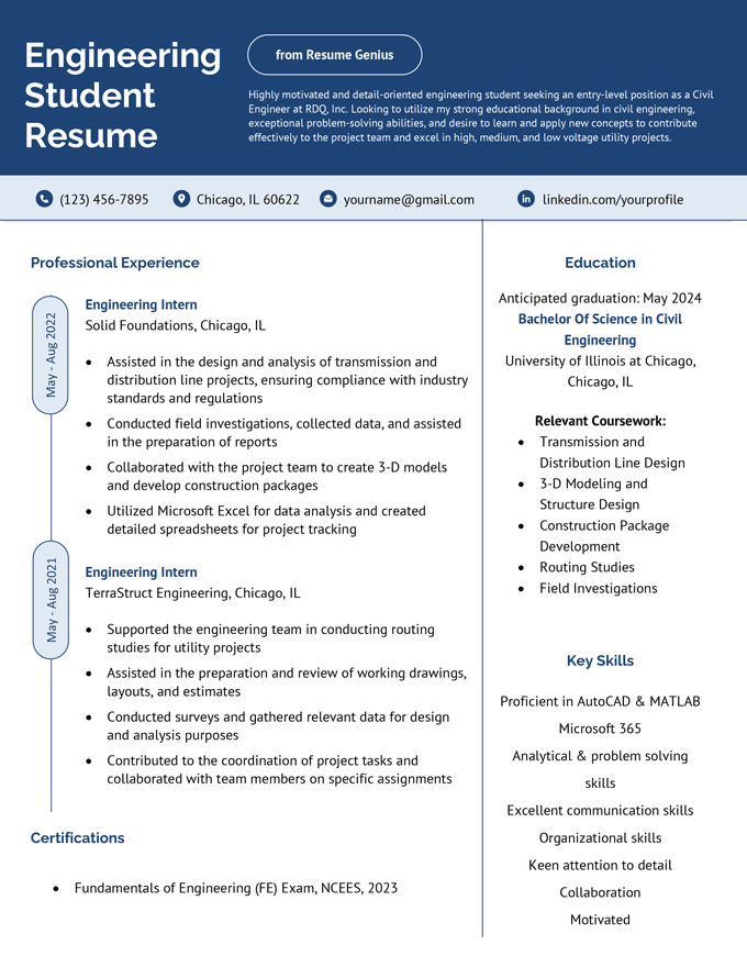 Sample engineering student resume with a bold blue header and an expanded education section that highlight's the candidate's relevant coursework and engineering skills. 