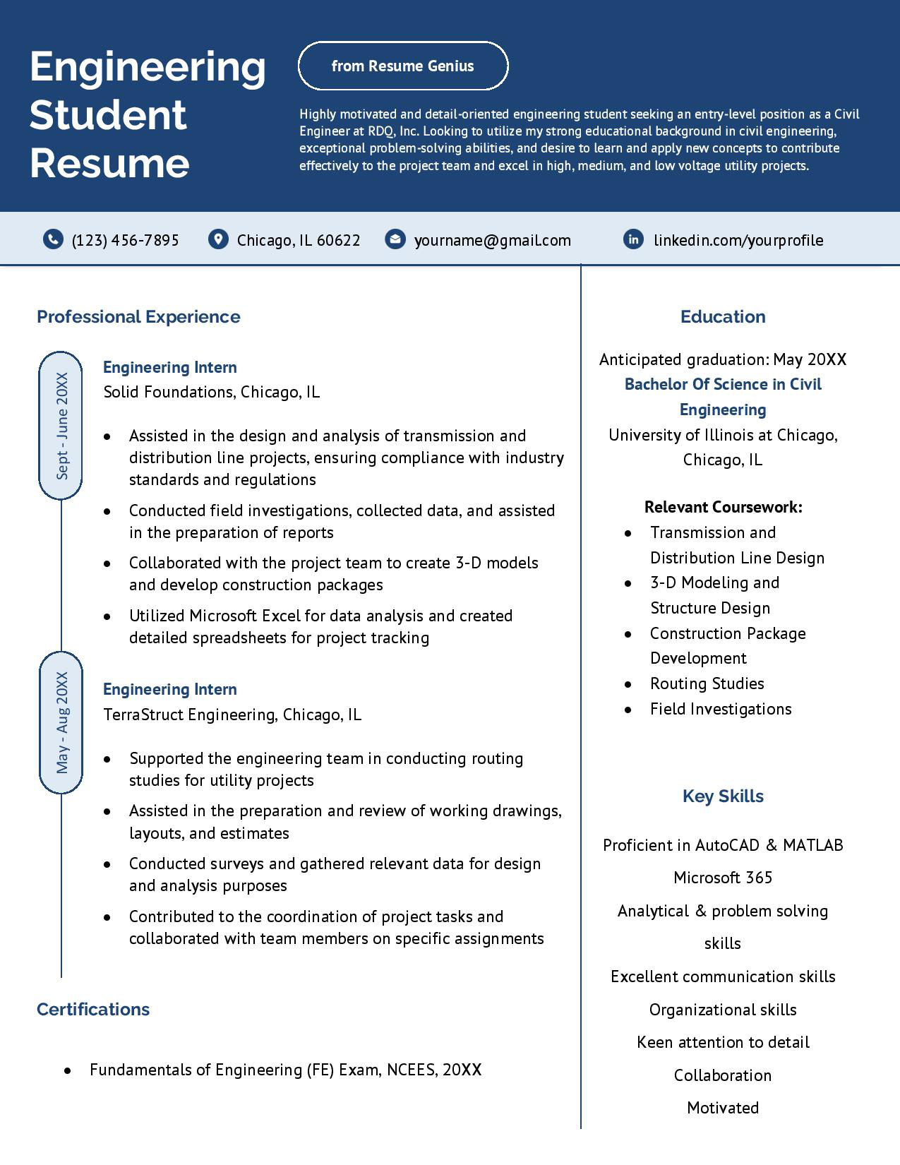 Sample engineering student resume with a bold blue header and an expanded education section that highlight